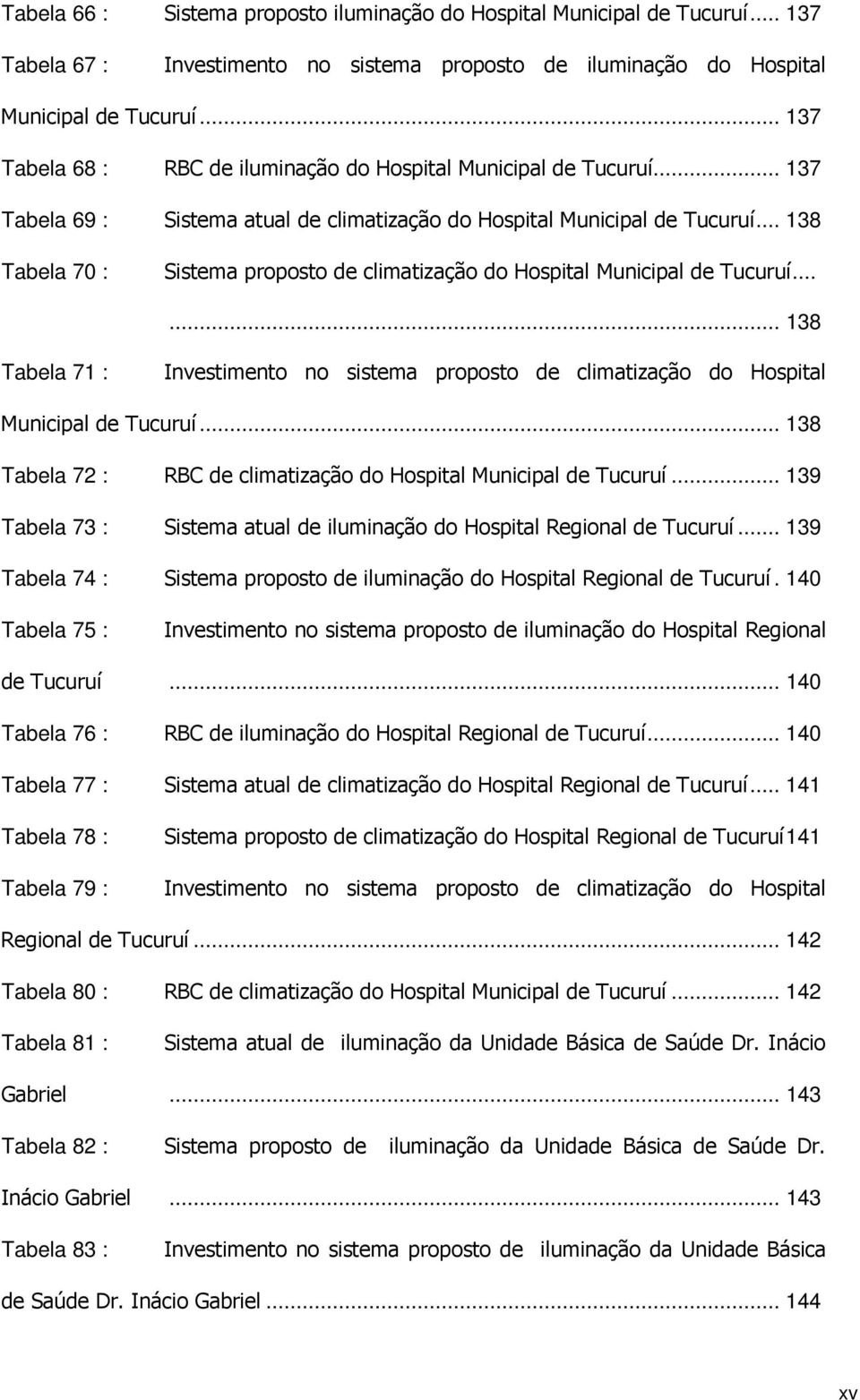 .. 138 Tabela 70 : Sistema proposto de climatização do Hospital Municipal de Tucuruí...... 138 Tabela 71 : Investimento no sistema proposto de climatização do Hospital Municipal de Tucuruí.