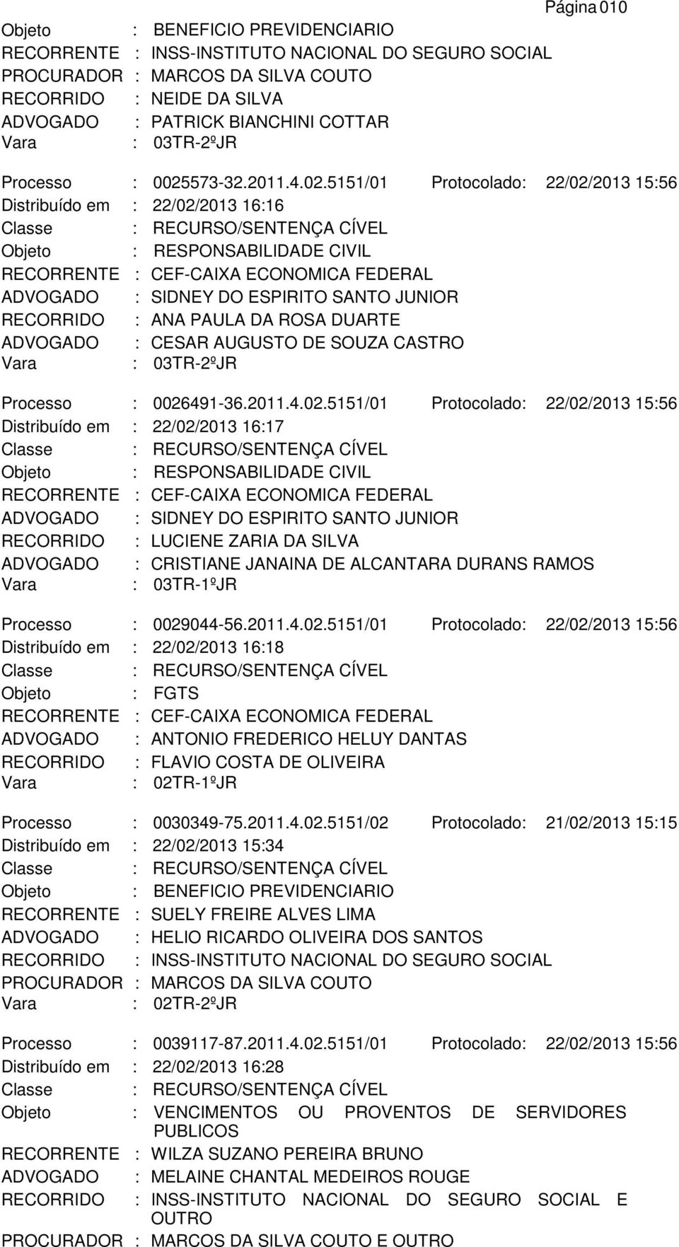 5151/01 Protocolado: 22/02/2013 15:56 Distribuído em : 22/02/2013 16:16 Objeto : RESPONSABILIDADE CIVIL RECORRENTE : CEF-CAIXA ECONOMICA FEDERAL ADVOGADO : SIDNEY DO ESPIRITO SANTO JUNIOR RECORRIDO :