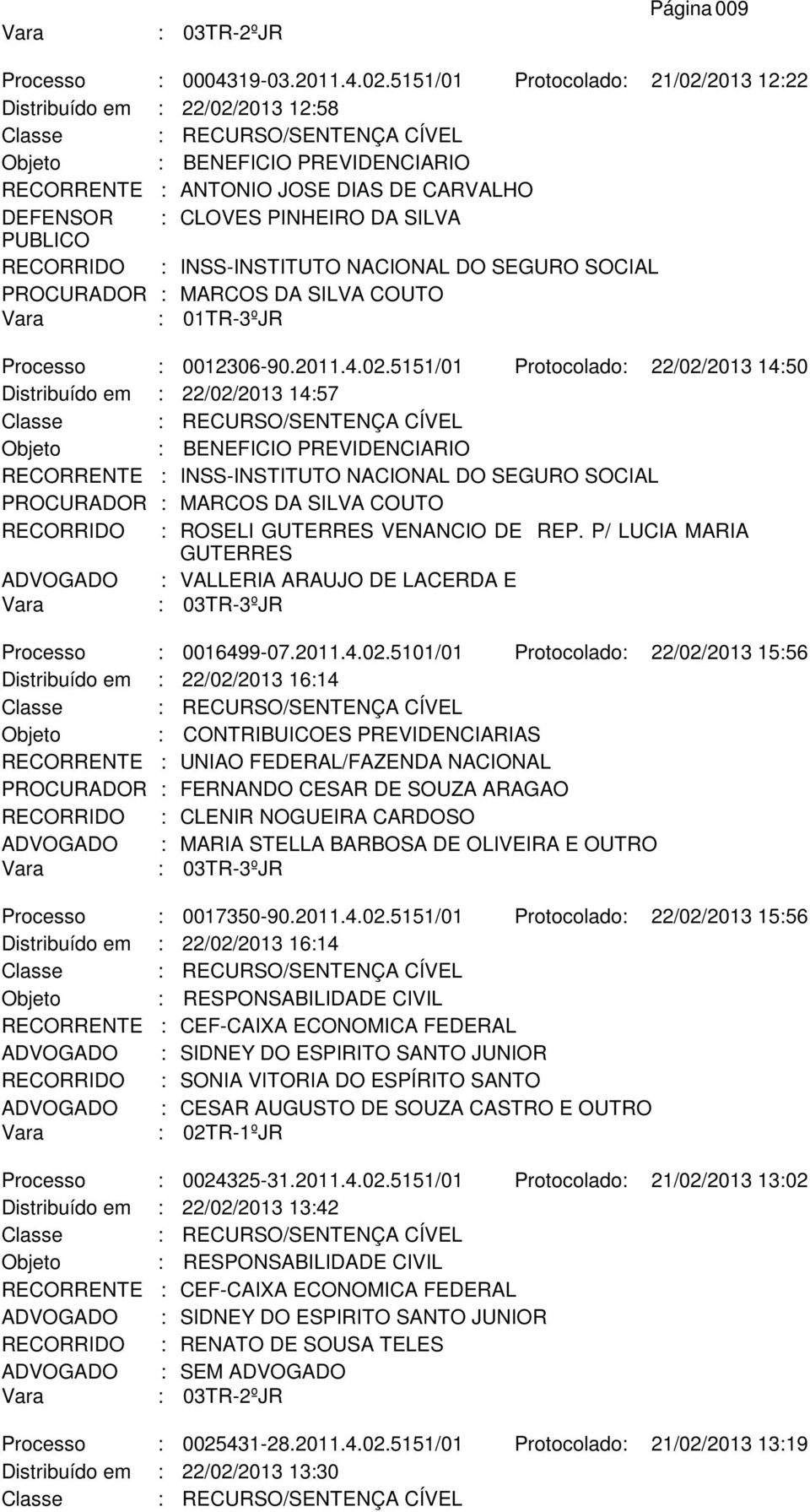 P/ LUCIA MARIA GUTERRES ADVOGADO : VALLERIA ARAUJO DE LACERDA E Vara : 03TR-3ºJR Processo : 0016499-07.2011.4.02.