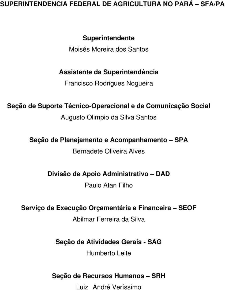 Planejamento e Acompanhamento SPA Bernadete Oliveira Alves Divisão de Apoio Administrativo DAD Paulo Atan Filho Serviço de Execução