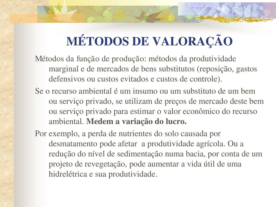 Se o recurso ambiental é um insumo ou um substituto de um bem ou serviço privado, se utilizam de preços de mercado deste bem ou serviço privado para estimar o valor