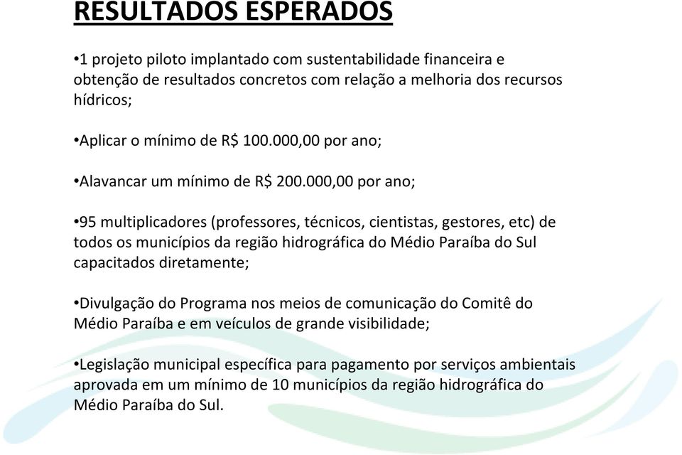 000,00 por ano; 95 multiplicadores (professores, técnicos, cientistas, gestores, etc) de todos os municípios da região hidrográfica do Médio Paraíba do Sul capacitados