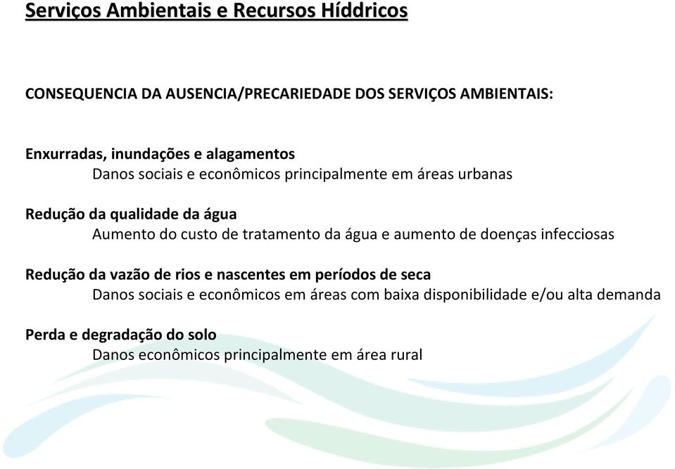 tratamento da água e aumento de doenças infecciosas Redução da vazão de rios e nascentes em períodos de seca Danos sociais e