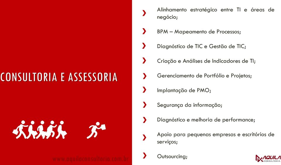 Portfólio e Projetos; Implantação de PMO; Segurança da informação; Diagnóstico e melhoria de