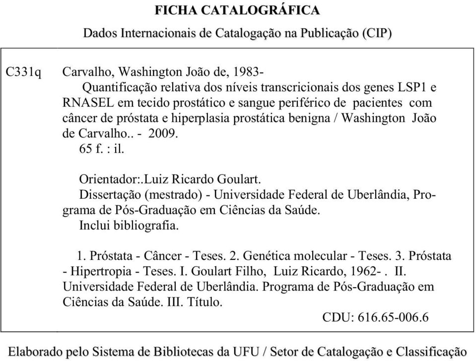 Dissertação (mestrado) - Universidade Federal de Uberlândia, Programa de Pós-Graduação em Ciências da Saúde. Inclui bibliografia. 1. Próstata - Câncer - Teses. 2. Genética molecular - Teses. 3.