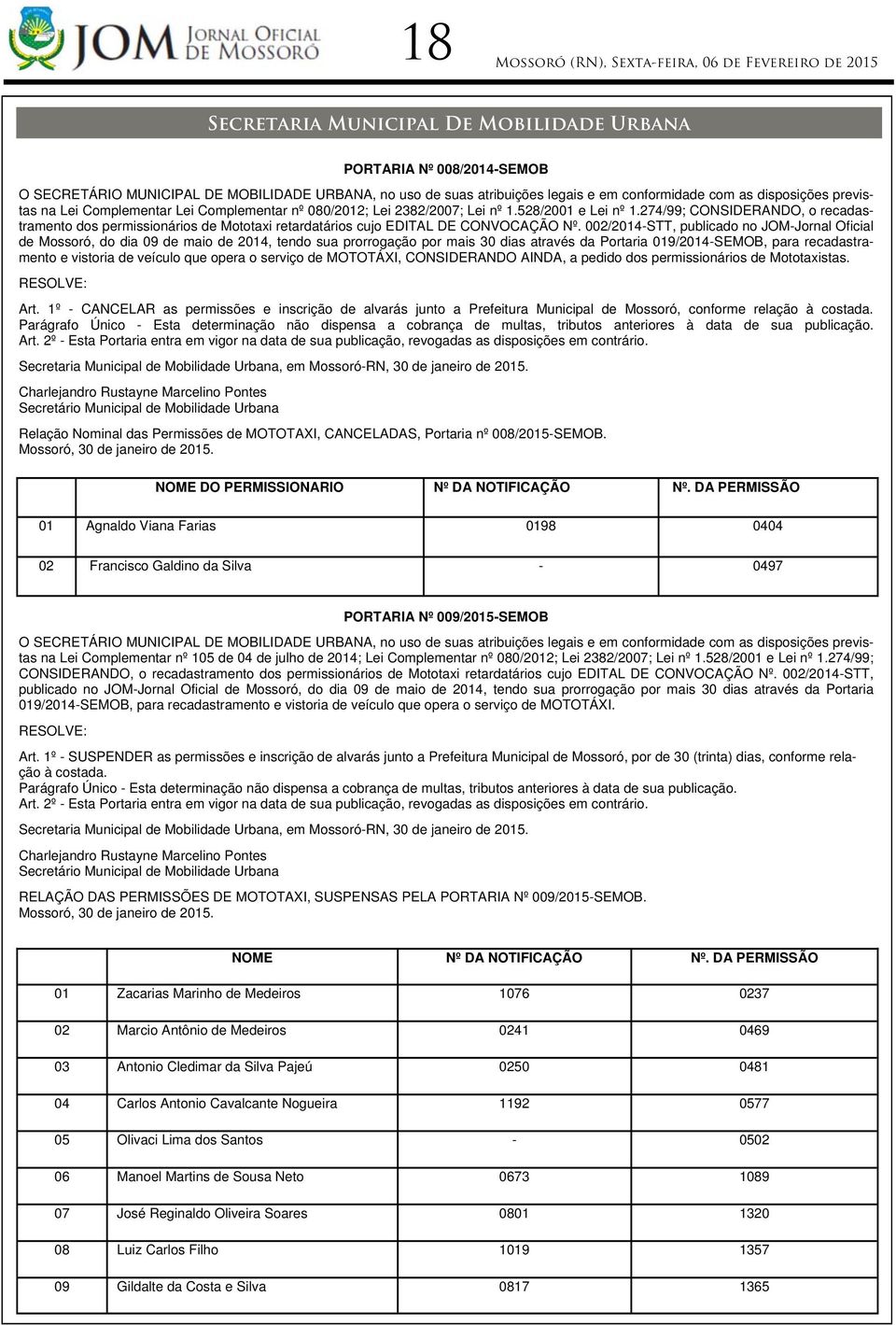 274/99; CONSIDERANDO, o recadastramento dos permissionários de Mototaxi retardatários cujo EDITAL DE CONVOCAÇÃO Nº.