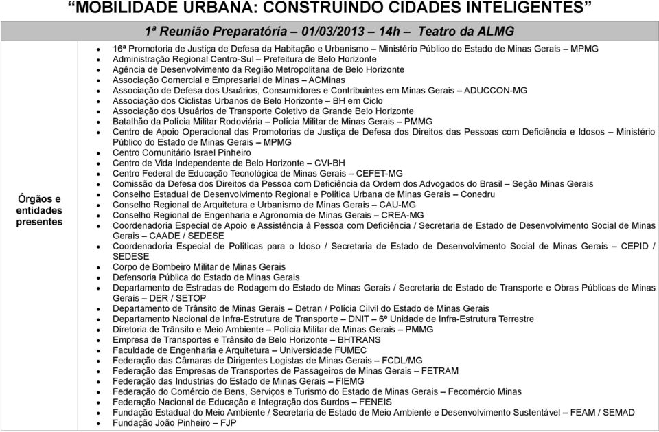 Defesa dos Usuários, Consumidores e Contribuintes em Minas Gerais ADUCCON-MG Associação dos Ciclistas Urbanos de Belo Horizonte BH em Ciclo Associação dos Usuários de Transporte Coletivo da Grande