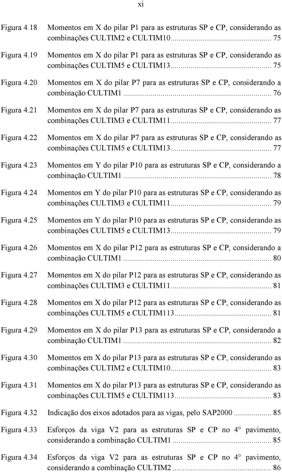 .. 75 Momentos em X do pilar P1 para as estruturas SP e CP, considerando as combinações CULTIM5 e CULTIM13... 75 Momentos em X do pilar P7 para as estruturas SP e CP, considerando a combinação CULTIM1.