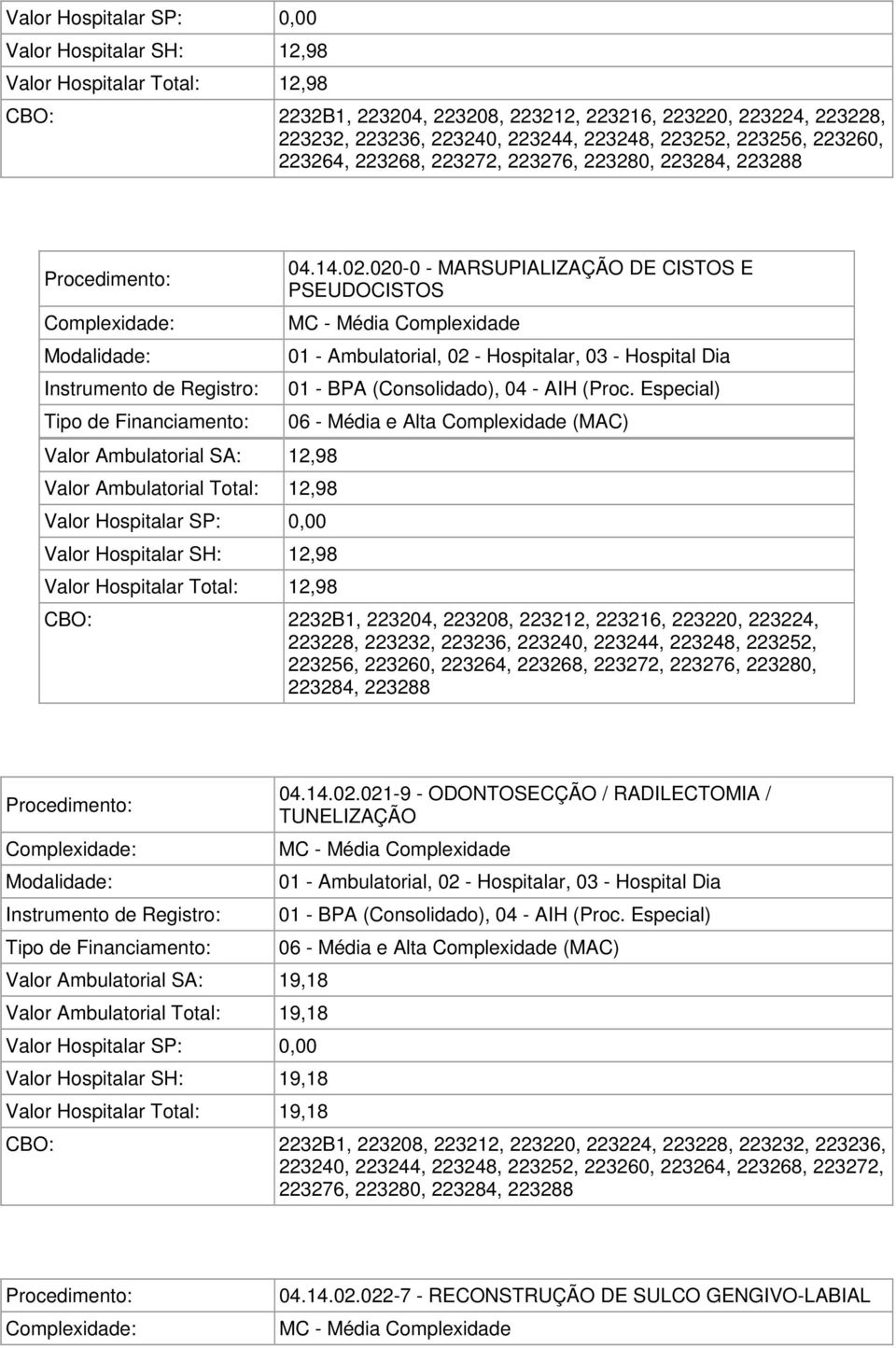 020-0 - MARSUPIALIZAÇÃO DE CISTOS E PSEUDOCISTOS 223228, 223232, 223236, 223240, 223244, 223248, 223252, 223256, 223260, 223264, 223268, 223272, 223276, 223280, 223284, 223288 Valor Ambulatorial SA: