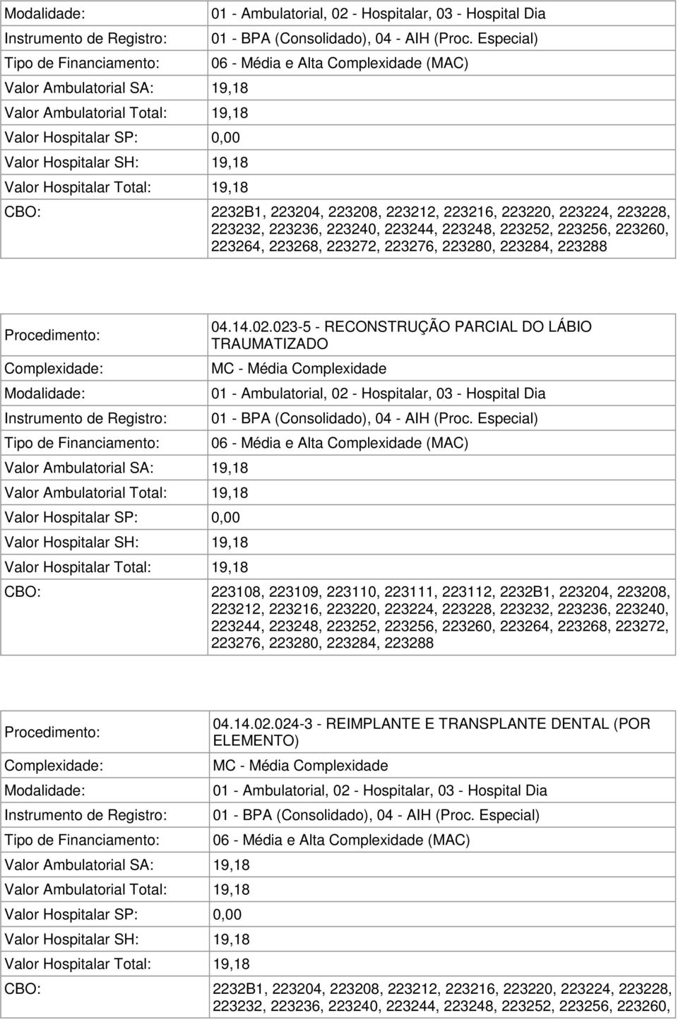 023-5 - RECONSTRUÇÃO PARCIAL DO LÁBIO TRAUMATIZADO CBO: 223108, 223109, 223110, 223111, 223112, 2232B1, 223204, 223208, 223212, 223216, 223220, 223224, 223228, 223232, 223236, 223240,