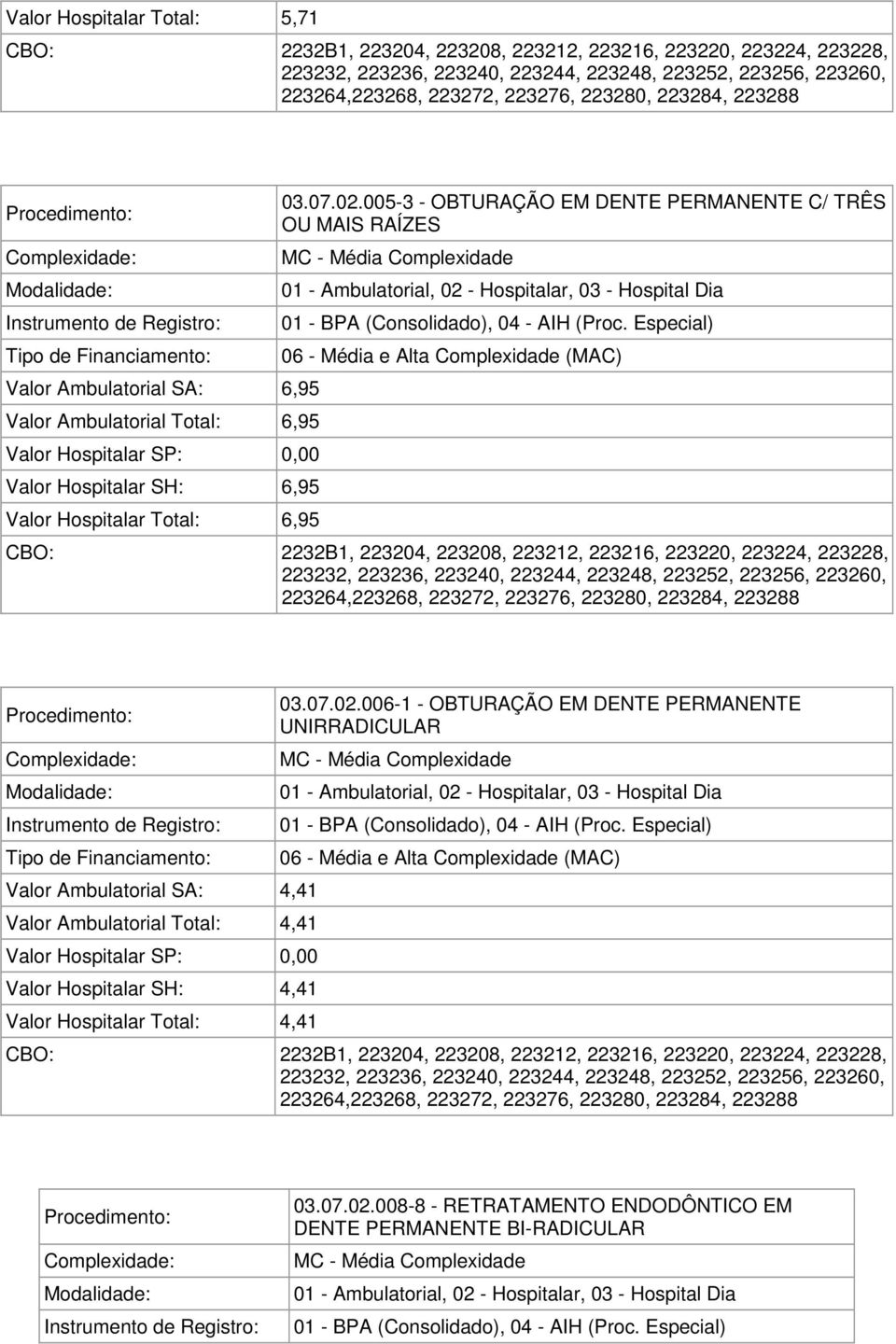 005-3 - OBTURAÇÃO EM DENTE PERMANENTE C/ TRÊS OU MAIS RAÍZES 223264,223268, 223272, 223276, 223280, 223284, 223288 Valor Ambulatorial SA: 4,41 Valor