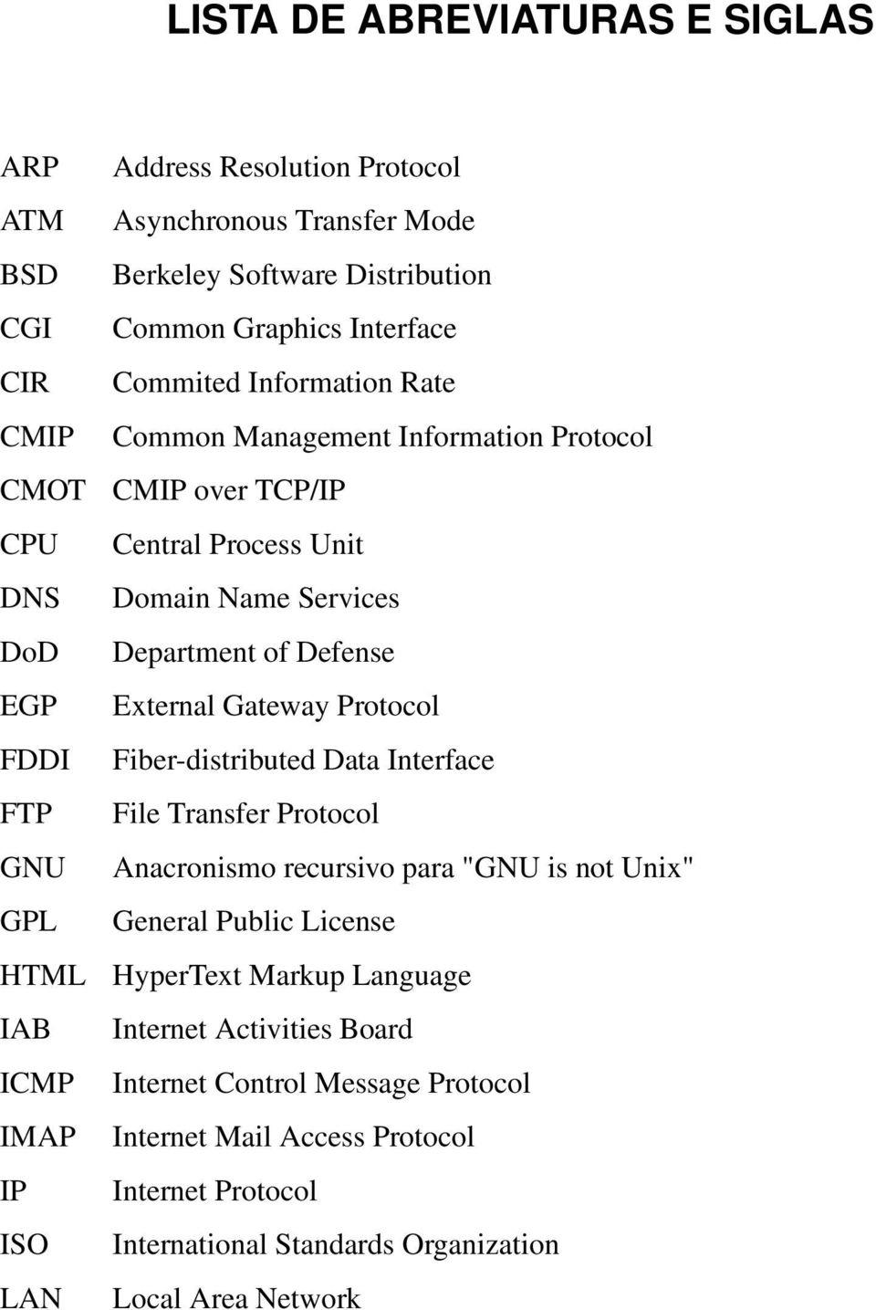 Department of Defense External Gateway Protocol Fiber-distributed Data Interface File Transfer Protocol Anacronismo recursivo para "GNU is not Unix" General Public License