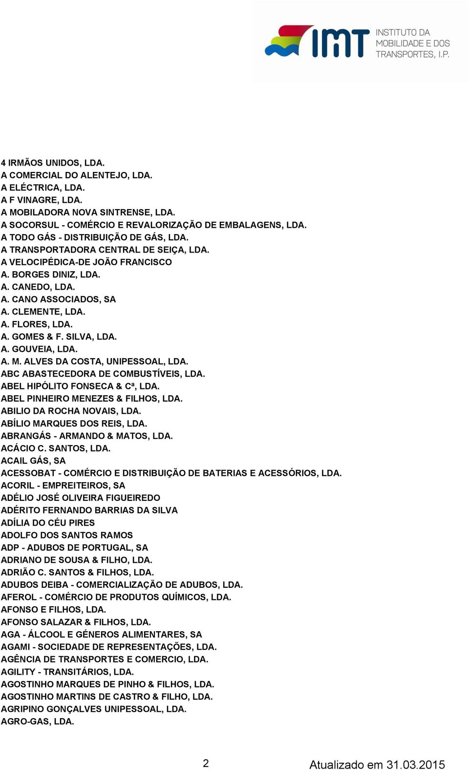 A. GOMES & F. SILVA, LDA. A. GOUVEIA, LDA. A. M. ALVES DA COSTA, UNIPESSOAL, LDA. ABC ABASTECEDORA DE COMBUSTÍVEIS, LDA. ABEL HIPÓLITO FONSECA & Cª, LDA. ABEL PINHEIRO MENEZES & FILHOS, LDA.