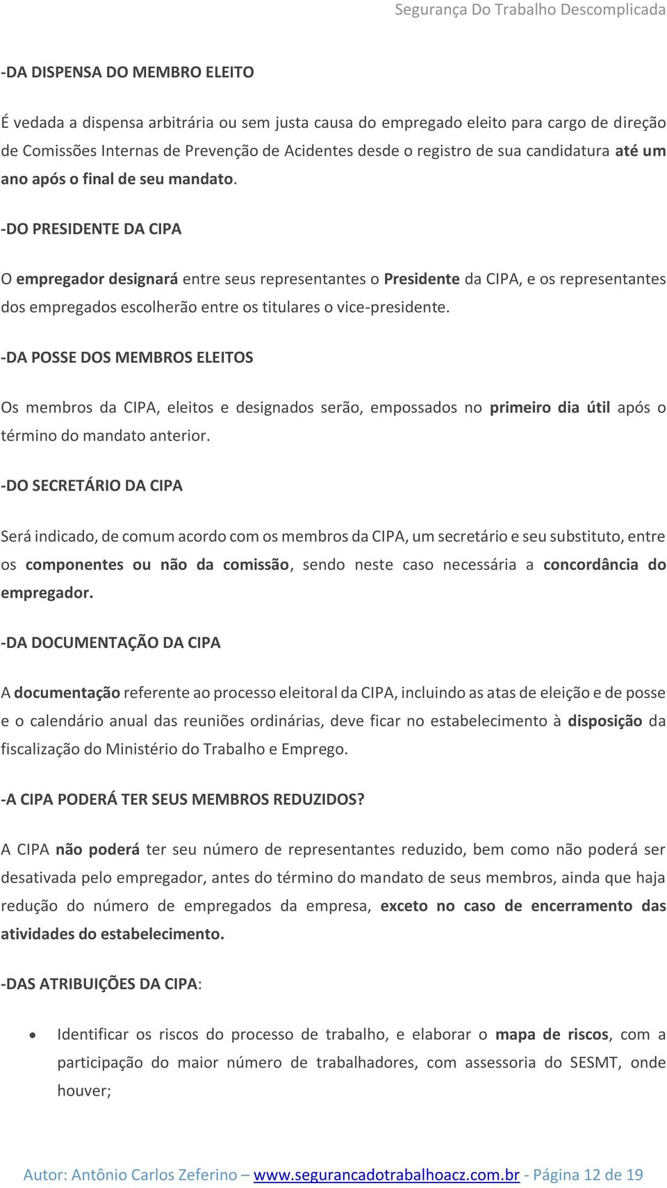 -DO PRESIDENTE DA CIPA O empregador designará entre seus representantes o Presidente da CIPA, e os representantes dos empregados escolherão entre os titulares o vice-presidente.