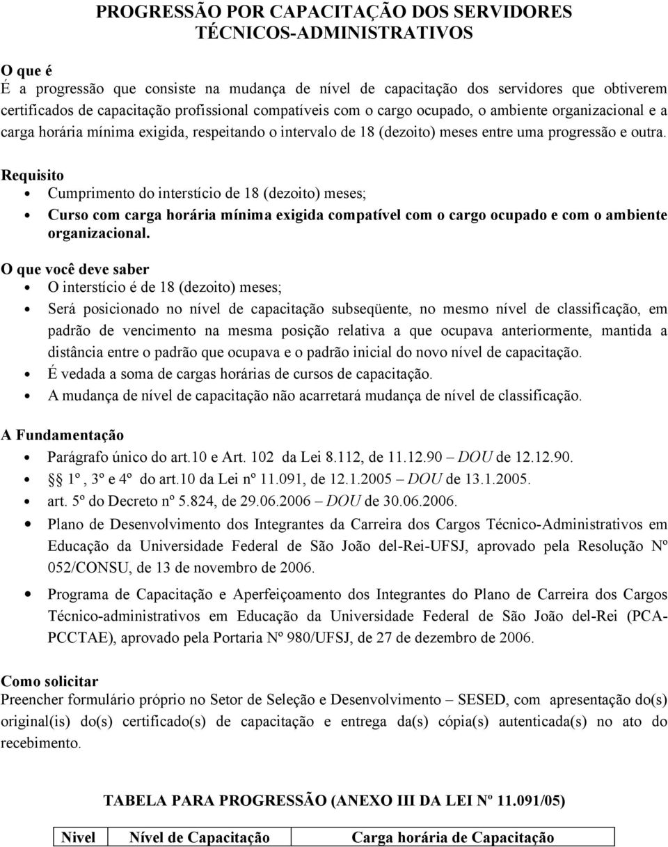 Requisito Cumprimento do interstício de 18 (dezoito) meses; Curso com carga horária mínima exigida compatível com o cargo ocupado e com o ambiente organizacional.