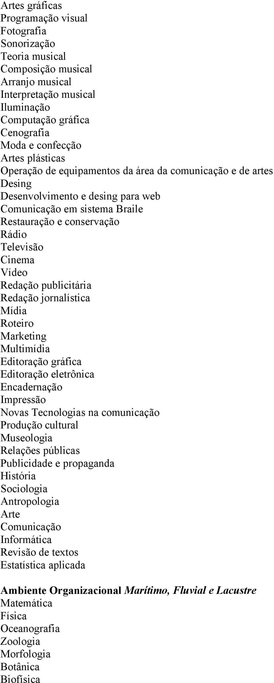 Redação publicitária Redação jornalística Mídia Roteiro Marketing Multimídia Editoração gráfica Editoração eletrônica Encadernação mpressão Novas Tecnologias na comunicação Produção cultural