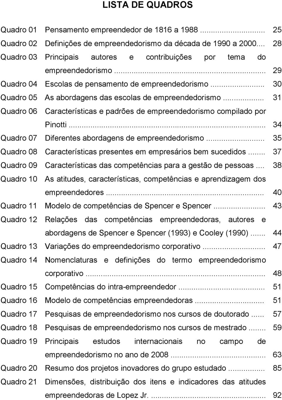 .. 31 Quadro 06 Características e padrões de empreendedorismo compilado por Pinotti... 34 Quadro 07 Diferentes abordagens de empreendedorismo.