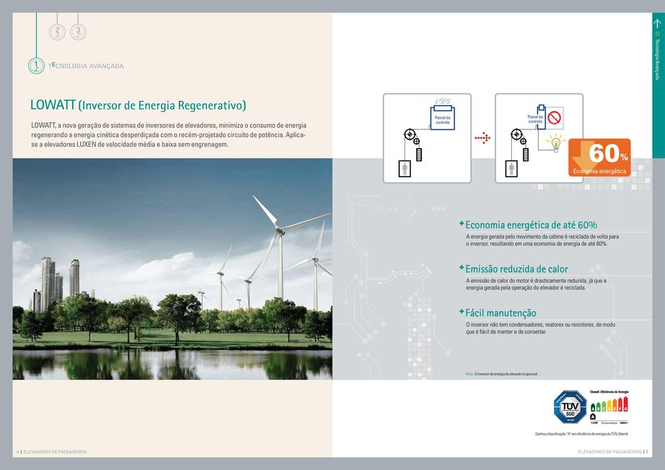 Painel de controle Painel de controle Economia energética Economia energética de até 60% A energia gerada pelo movimento da cabine é reciclada de volta para o inversor, resultando em uma economia de