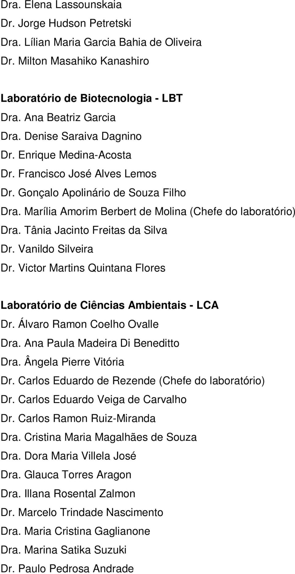 Tânia Jacinto Freitas da Silva Dr. Vanildo Silveira Dr. Victor Martins Quintana Flores Laboratório de Ciências Ambientais - LCA Dr. Álvaro Ramon Coelho Ovalle Dra. Ana Paula Madeira Di Beneditto Dra.