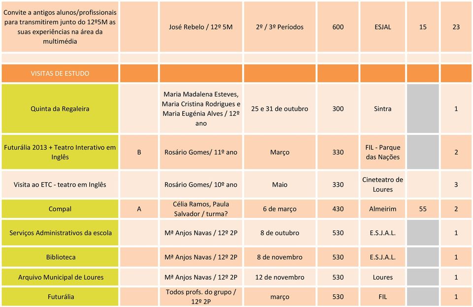 330 FIL Parque das Nações 2 Visita ao ETC teatro em Inglês Rosário Gomes/ 10º ano Maio 330 Cineteatro de Loures 3 Compal A Célia Ramos, Paula Salvador / turma?