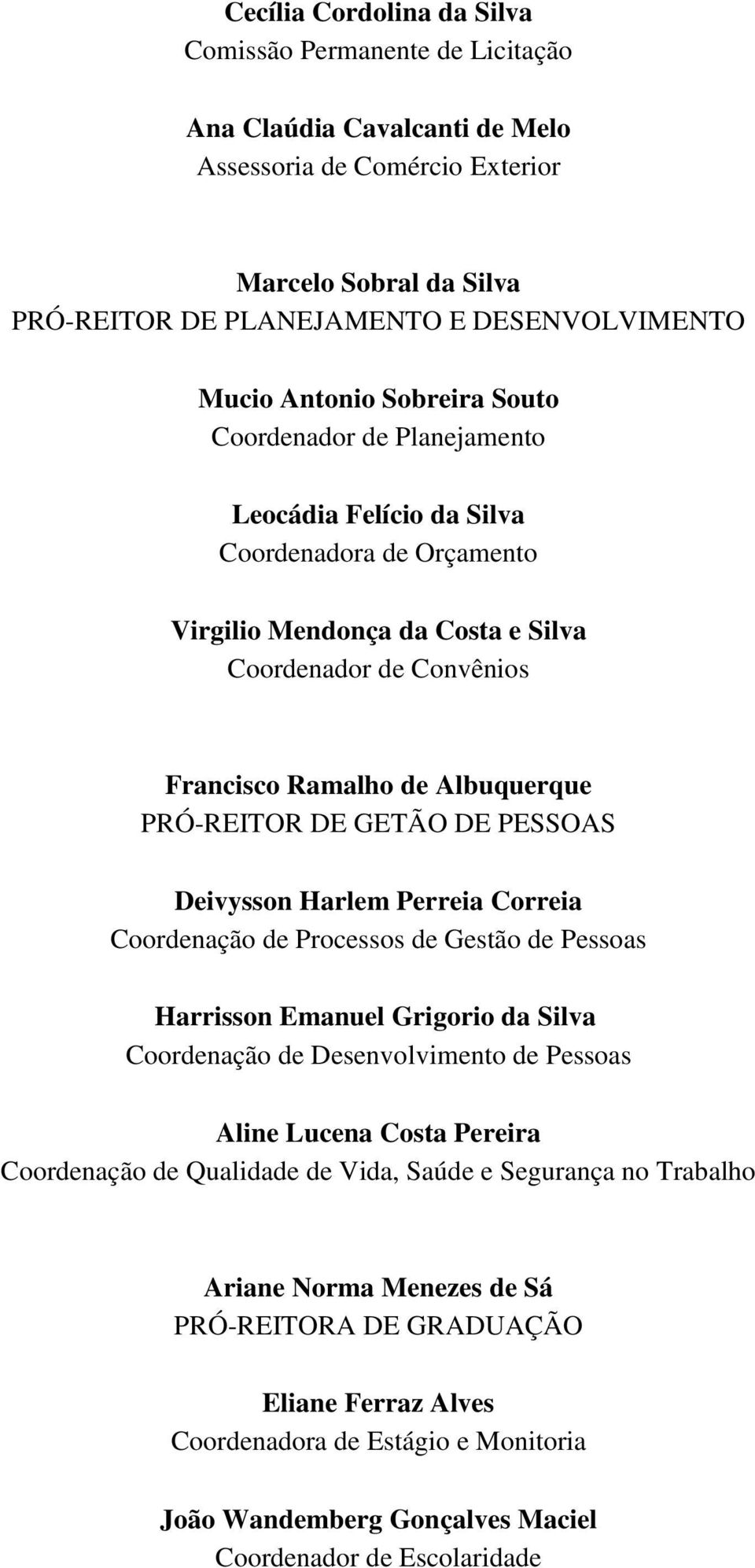 PRÓ-REITOR DE GETÃO DE PESSOAS Deivysson Harlem Perreia Correia Coordenação de Processos de Gestão de Pessoas Harrisson Emanuel Grigorio da Silva Coordenação de Desenvolvimento de Pessoas Aline