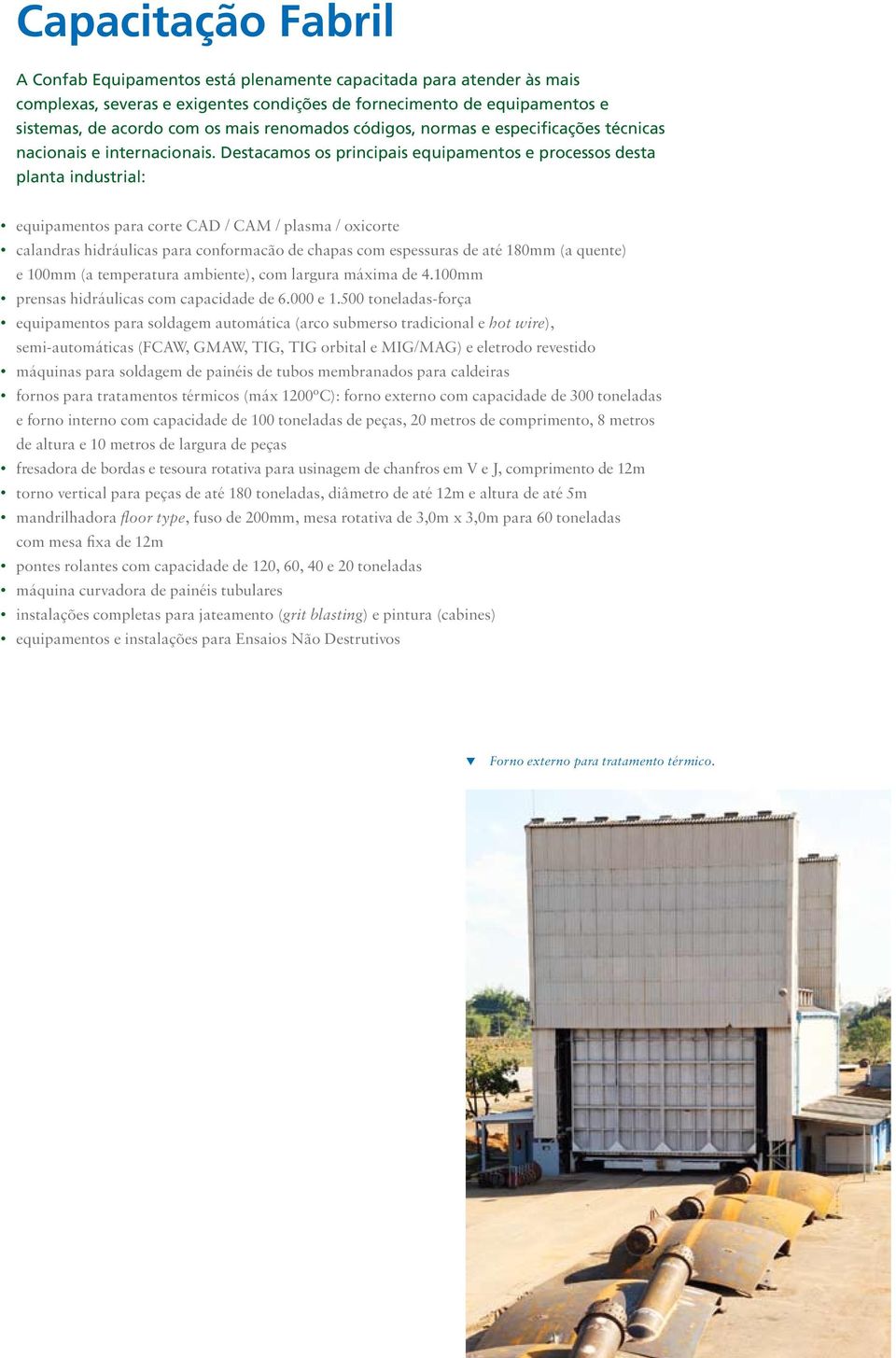 Destacamos os principais equipamentos e processos desta planta industrial: equipamentos para corte CAD / CAM / plasma / oxicorte calandras hidráulicas para conformacão de chapas com espessuras de até