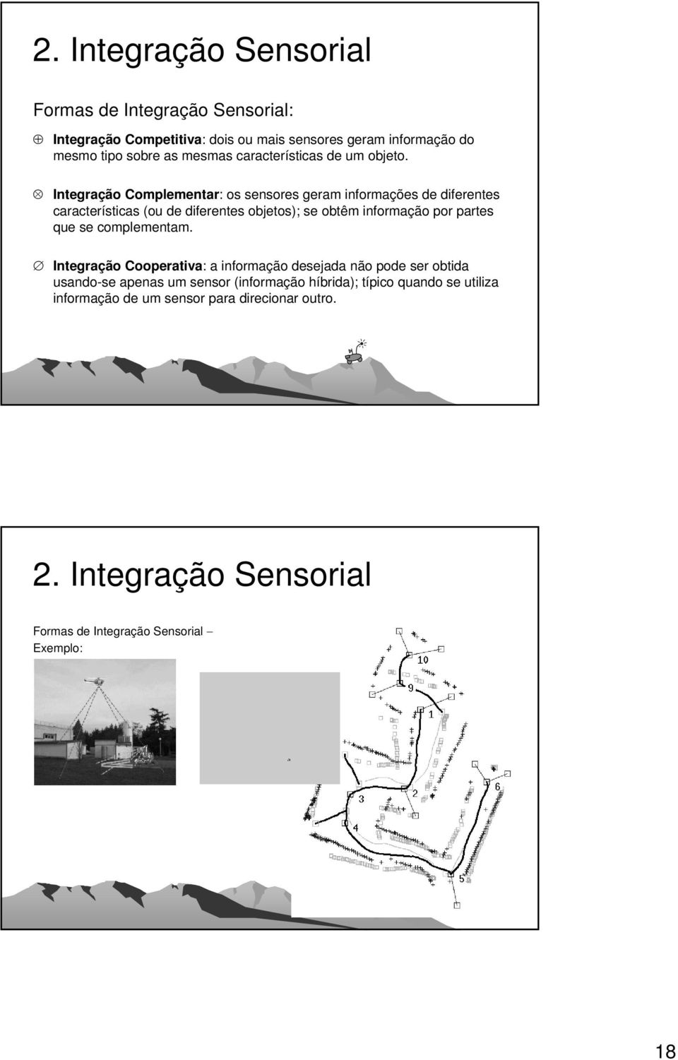 Integração Complementar: os sensores geram informações de diferentes características (ou de diferentes objetos); se obtêm informação por partes que