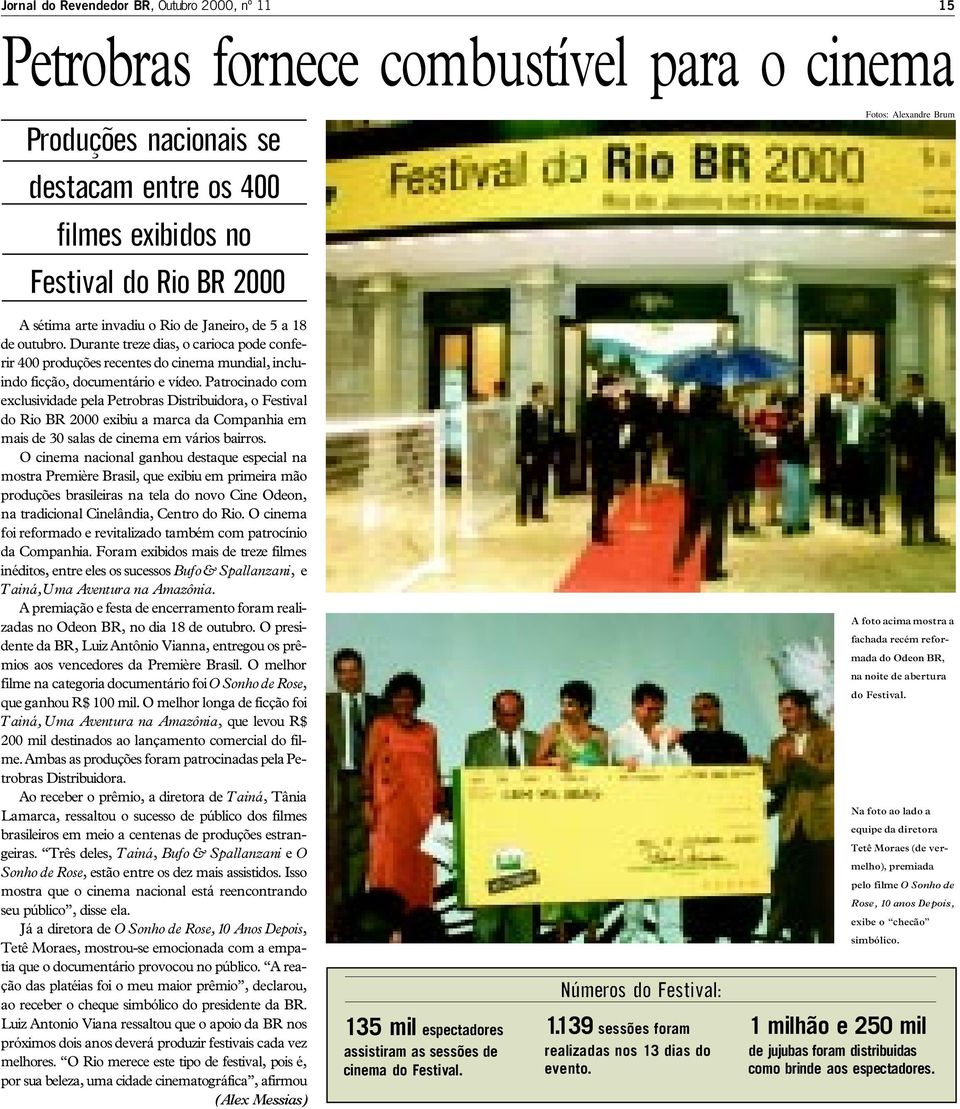 Patrocinado com exclusividade pela Petrobras Distribuidora, o Festival do Rio BR 2000 exibiu a marca da Companhia em mais de 30 salas de cinema em vários bairros.