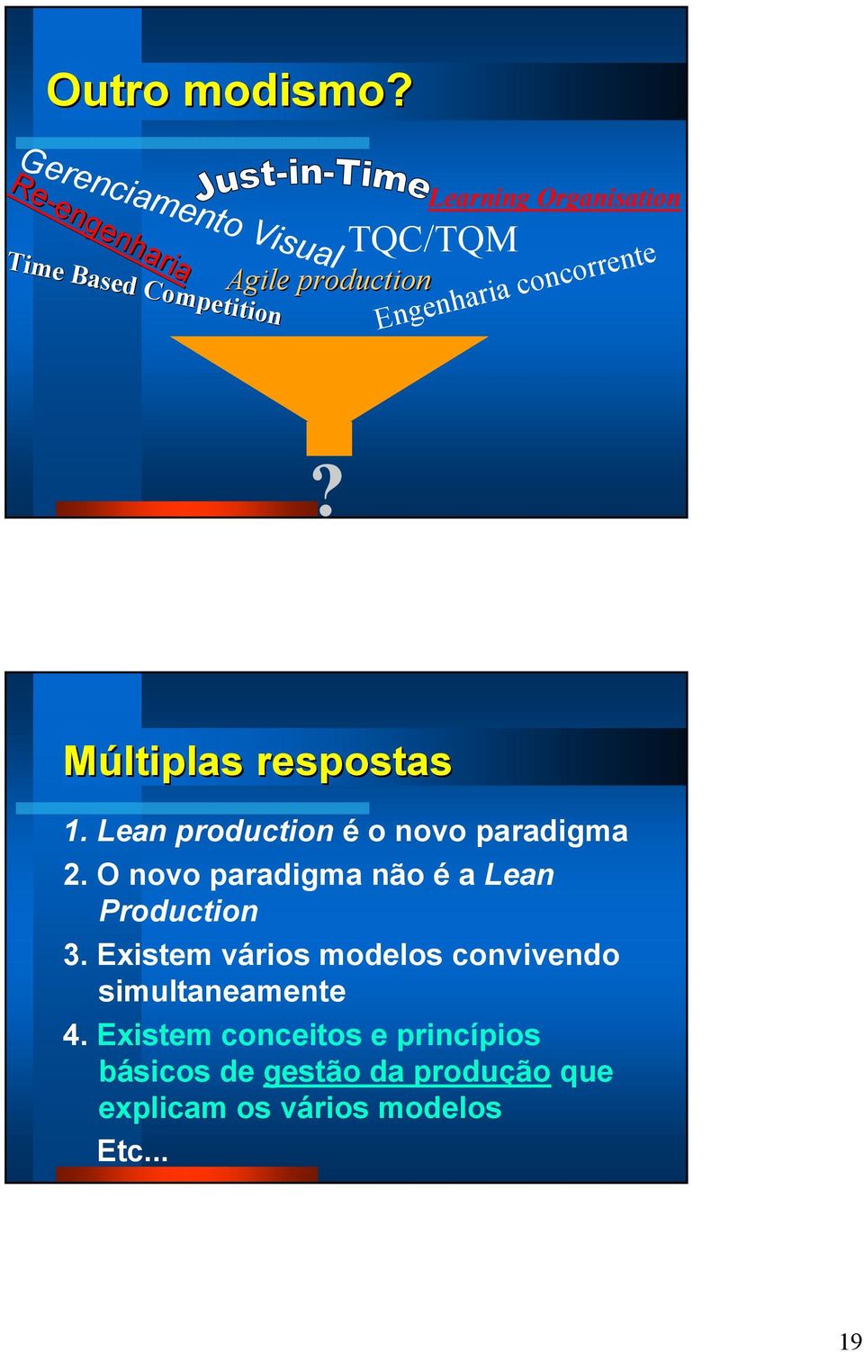 Agile production Engenharia concorrente? Múltiplas respostas 1. Lean production é o novo paradigma 2.