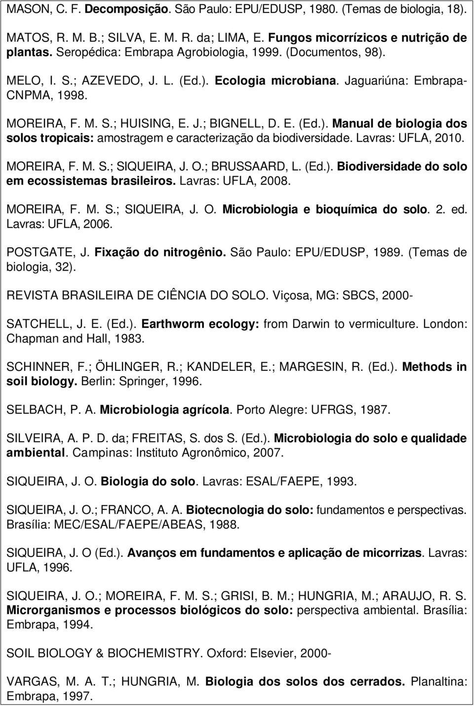 Lavras: UFLA, 2010. MOREIRA, F. M. S.; SIQUEIRA, J. O.; BRUSSAARD, L. (Ed.). Biodiversidade do solo em ecossistemas brasileiros. Lavras: UFLA, 2008. MOREIRA, F. M. S.; SIQUEIRA, J. O. Microbiologia e bioquímica do solo.