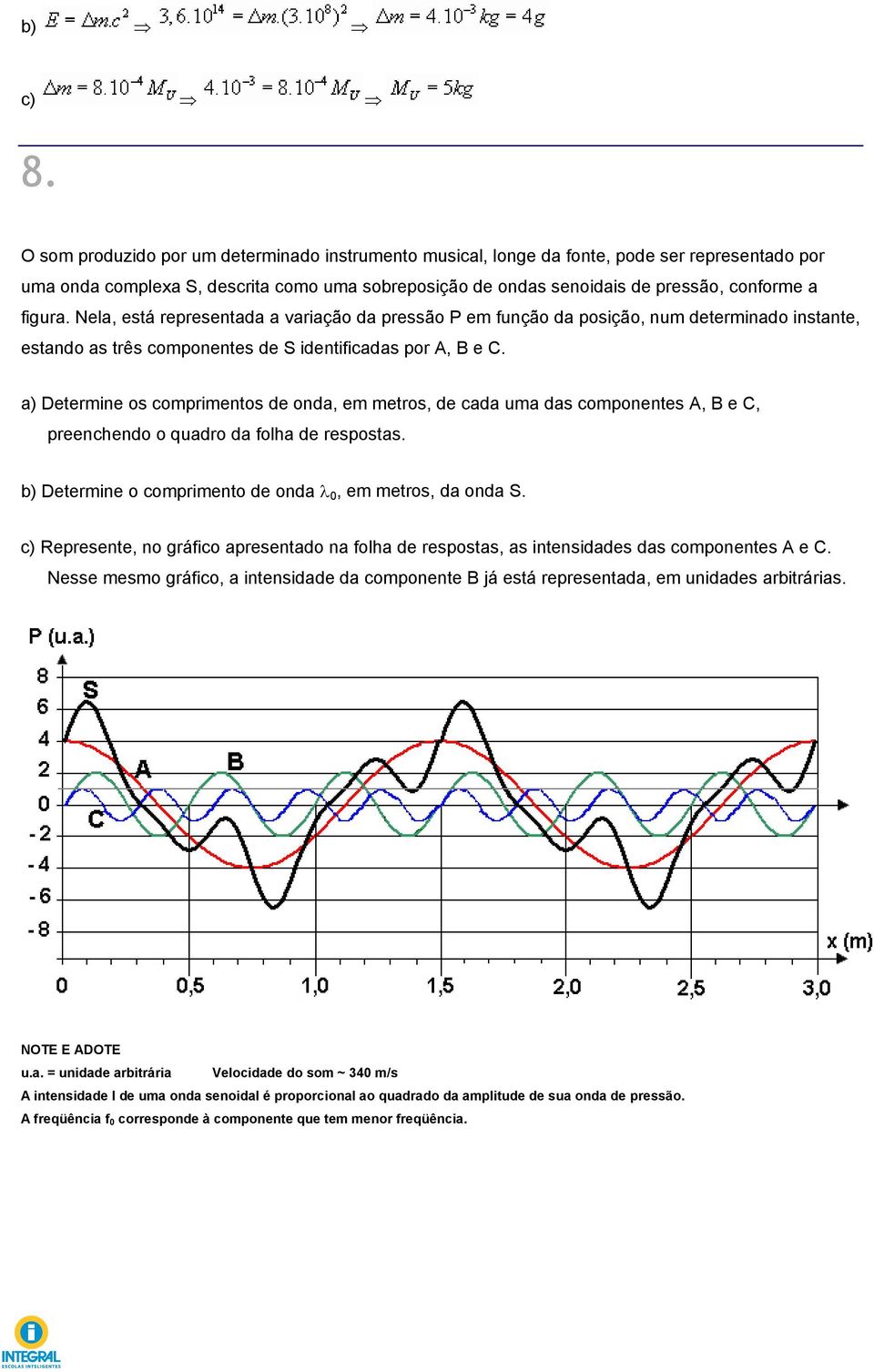 Nela, está representada a variação da pressão P em função da posição, num determinado instante, estando as três componentes de S identificadas por A, B e C.