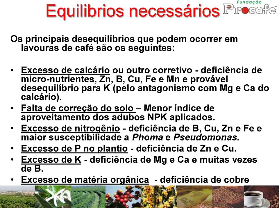 Falta de correção do solo Menor índice de aproveitamento dos adubos NPK aplicados.