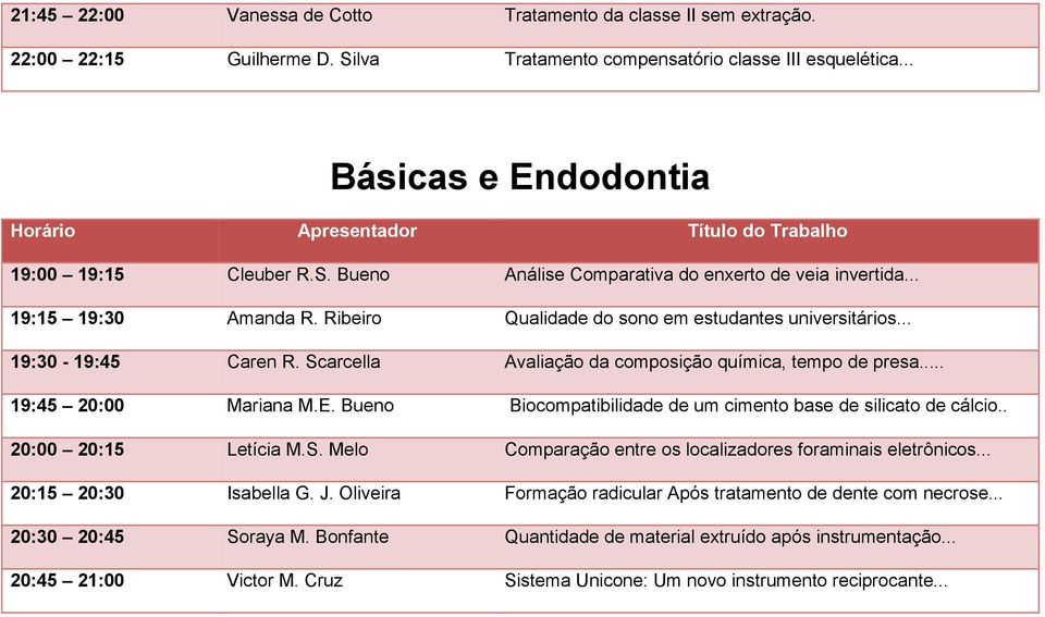 Bueno Biocompatibilidade de um cimento base de silicato de cálcio.. 20:00 20:15 Letícia M.S. Melo Comparação entre os localizadores foraminais eletrônicos... 20:15 20:30 Isabella G. J.