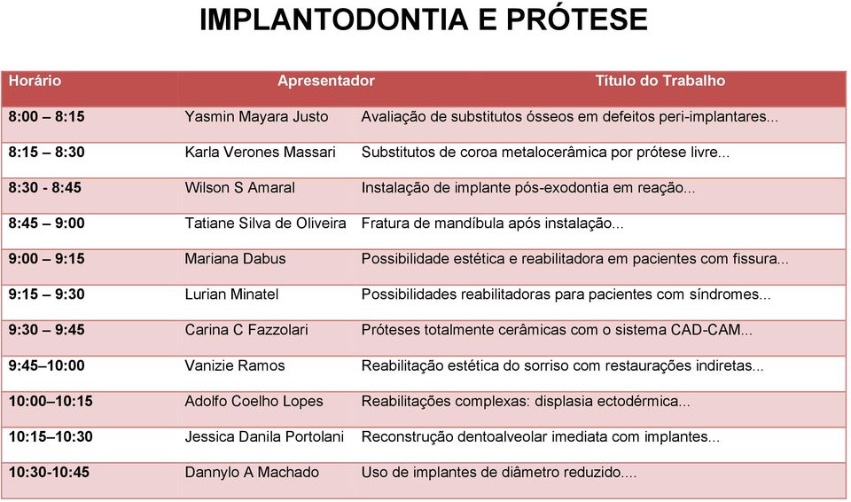 .. 8:45 9:00 Tatiane Silva de Oliveira Fratura de mandíbula após instalação... 9:00 9:15 Mariana Dabus Possibilidade estética e reabilitadora em pacientes com fissura.