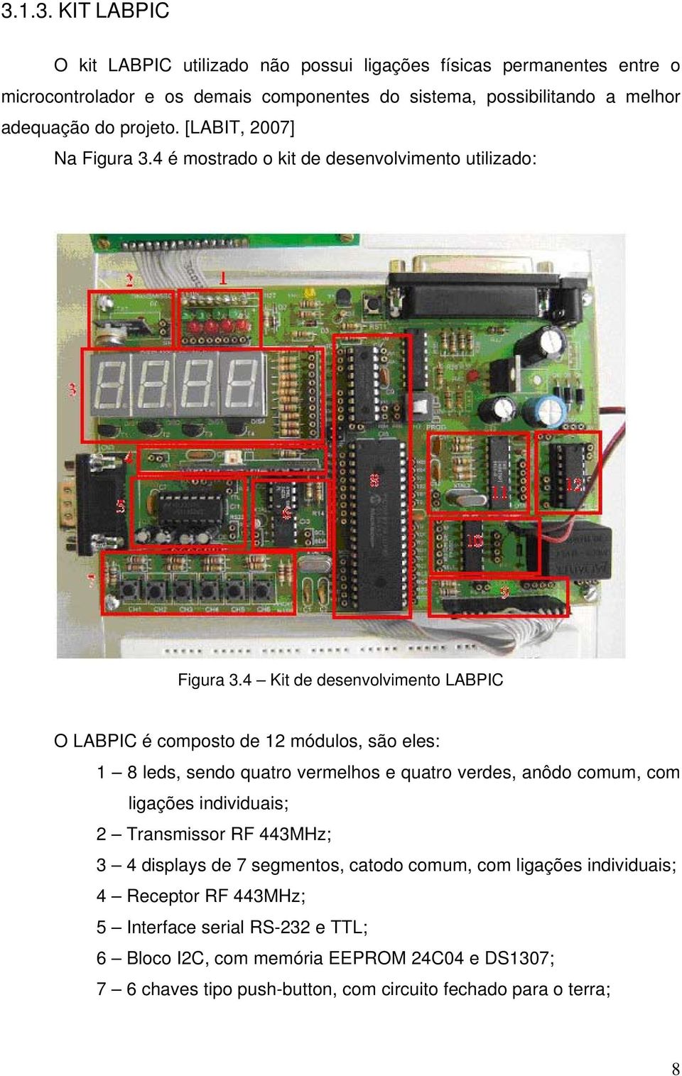 4 Kit de desenvolvimento LABPIC O LABPIC é composto de 12 módulos, são eles: 1 8 leds, sendo quatro vermelhos e quatro verdes, anôdo comum, com ligações individuais; 2