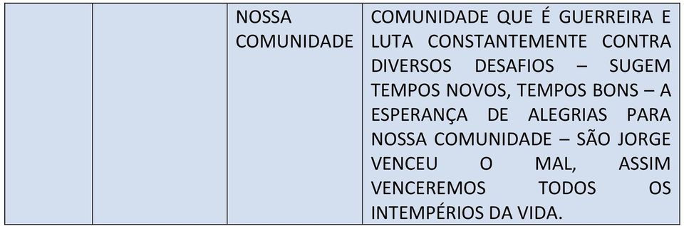 TEMPOS BONS A ESPERANÇA DE ALEGRIAS PARA NOSSA COMUNIDADE