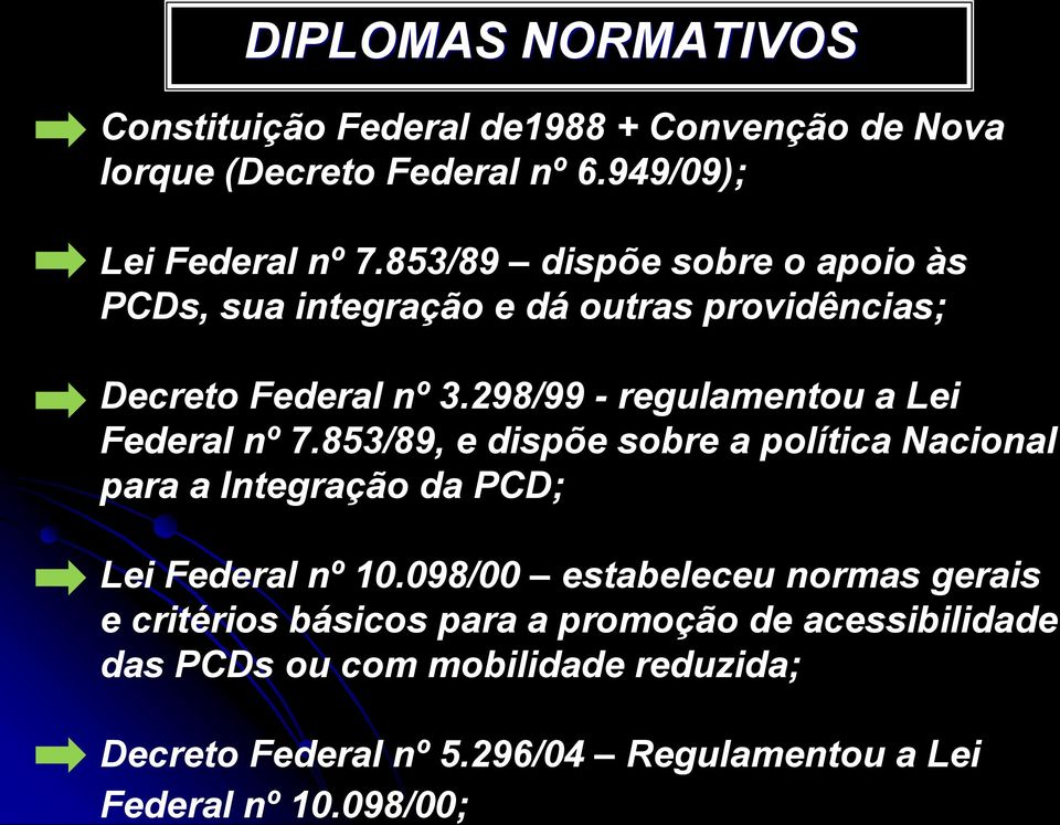 853/89 dispõe sobre o apoio às PCDs, sua integração e dá outras providências; Decreto Federal nº 3.