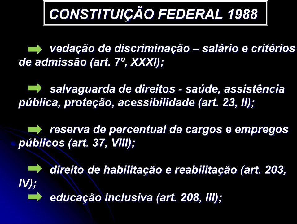 acessibilidade (art. 23, II); reserva de percentual de cargos e empregos públicos (art.