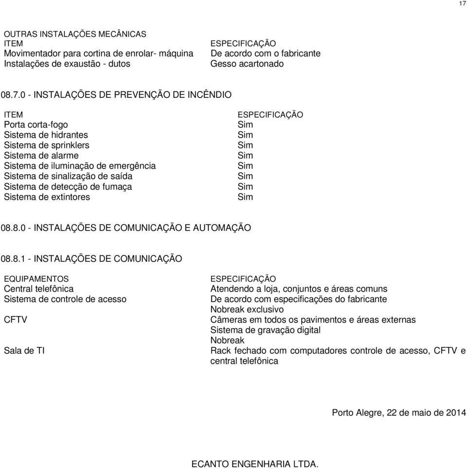 fumaça Sistema de extintores ESPECIFICAÇÃO 08.