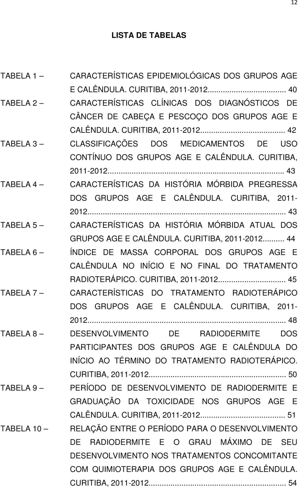 .. 42 TABELA 3 CLASSIFICAÇÕES DOS MEDICAMENTOS DE USO CONTÍNUO DOS GRUPOS AGE E CALÊNDULA. CURITIBA, 2011-2012... 43 TABELA 4 CARACTERÍSTICAS DA HISTÓRIA MÓRBIDA PREGRESSA DOS GRUPOS AGE E CALÊNDULA.