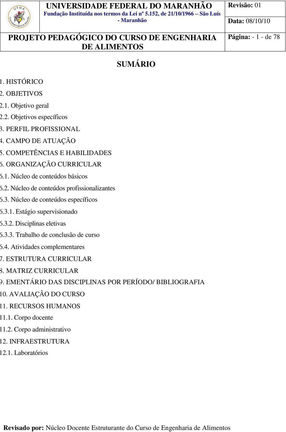 Núcleo de conteúdos específicos 6.3.1. Estágio supervisionado 6.3.2. Disciplinas eletivas 6.3.3. Trabalho de conclusão de curso 6.4. Atividades complementares 7.