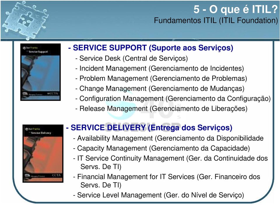 (Gerenciamento de Problemas) - Change Management (Gerenciamento de Mudanças) - Configuration Management (Gerenciamento da Configuração) - Release Management (Gerenciamento de Liberações)