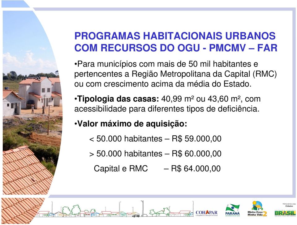 Estado. Tipologia das casas: 40,99 m² ou 43,60 m², com acessibilidade para diferentes tipos de deficiência.