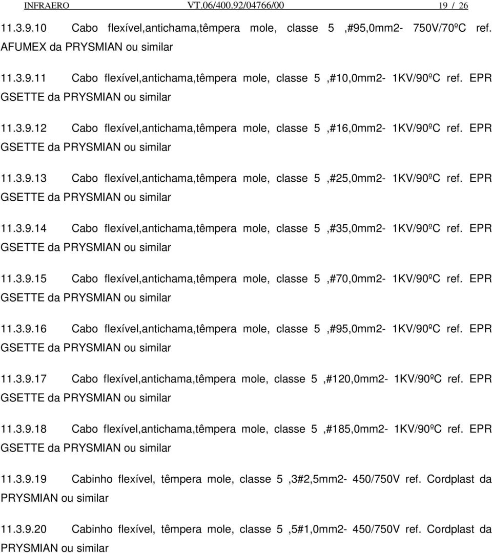 EPR GSETTE da PRYSMIAN ou similar 11.3.9.14 Cabo flexível,antichama,têmpera mole, classe 5,#35,0mm2-1KV/90ºC ref. EPR GSETTE da PRYSMIAN ou similar 11.3.9.15 Cabo flexível,antichama,têmpera mole, classe 5,#70,0mm2-1KV/90ºC ref.