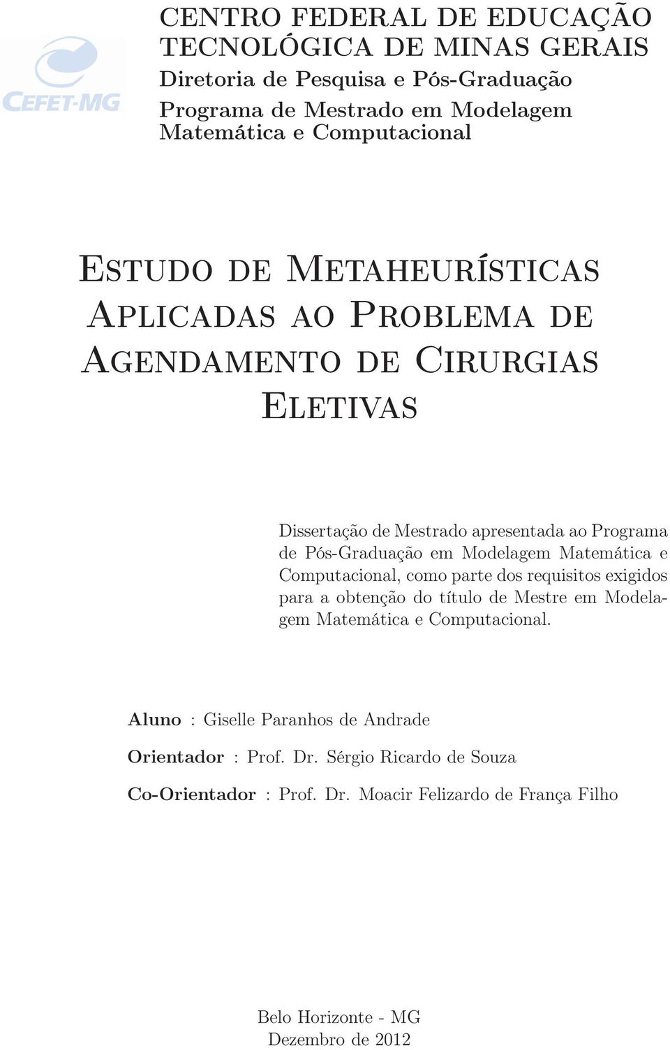 Modelagem Matemática e Computacional, como parte dos requisitos exigidos para a obtenção do título de Mestre em Modelagem Matemática e Computacional.