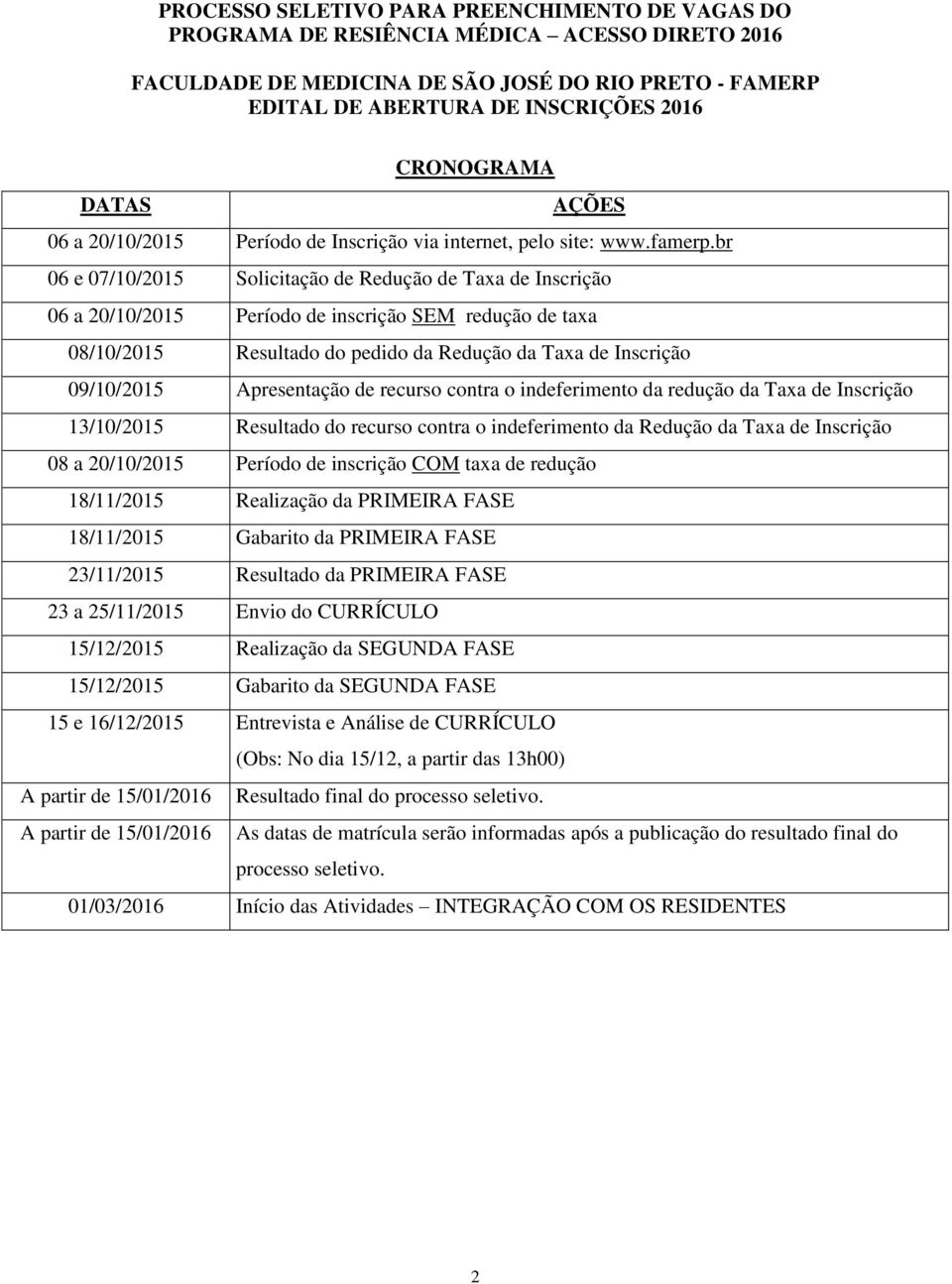 br 06 e 07/10/2015 Solicitação de Redução de Taxa de Inscrição 06 a 20/10/2015 Período de inscrição SEM redução de taxa 08/10/2015 Resultado do pedido da Redução da Taxa de Inscrição 09/10/2015