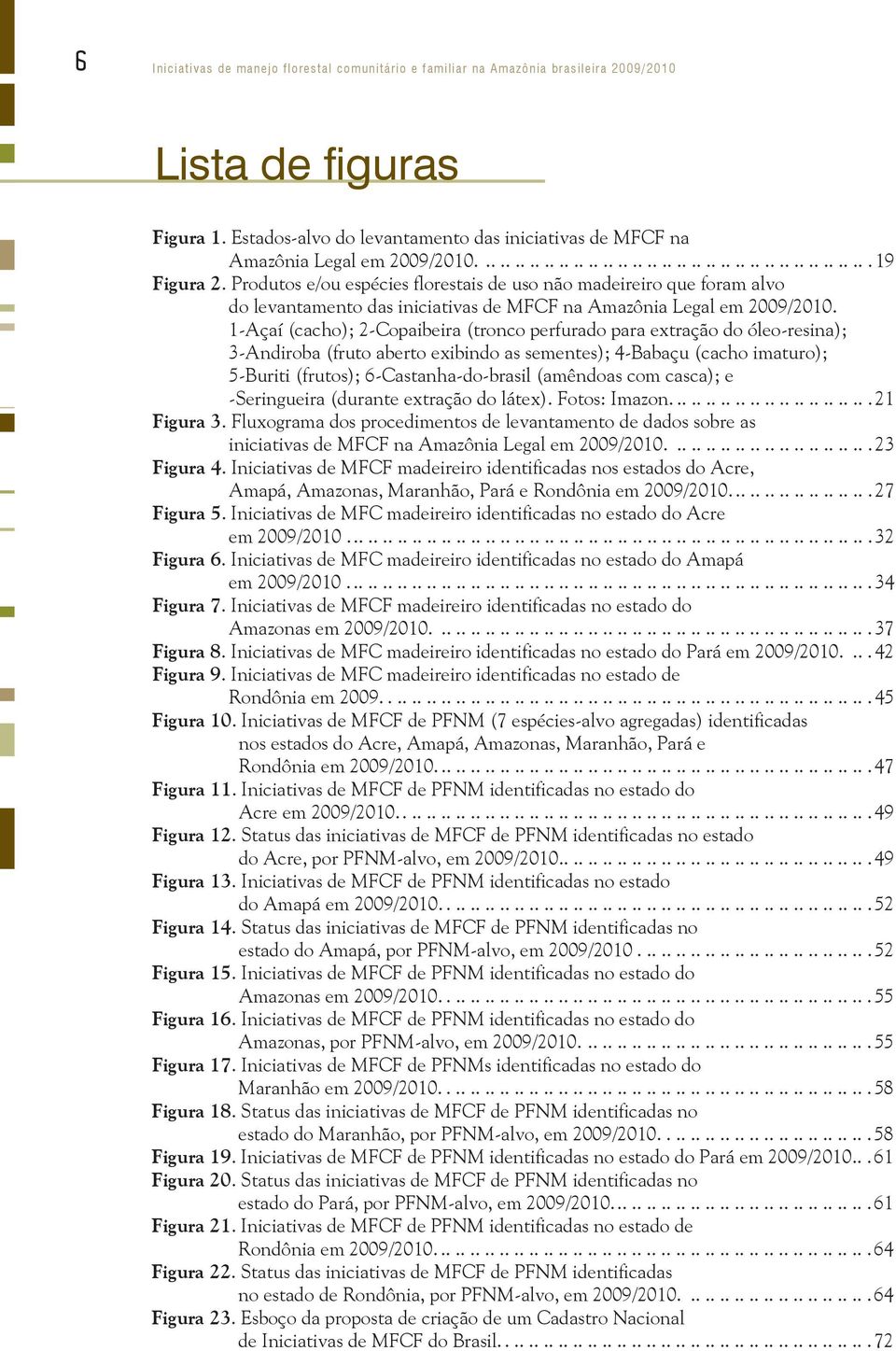 Produtos e/ou espécies florestais de uso não madeireiro que foram alvo do levantamento das iniciativas de MFCF na Amazônia Legal em 2009/2010.