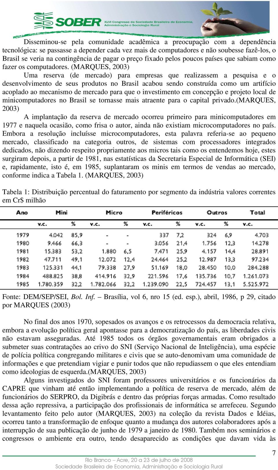 (MARQUES, 2003) Uma reserva (de mercado) para empresas que realizassem a pesquisa e o desenvolvimento de seus produtos no Brasil acabou sendo construída como um artifício acoplado ao mecanismo de