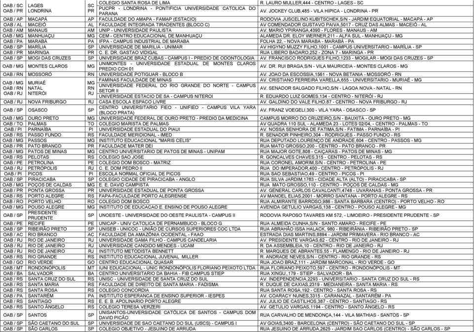 FACULDADE INTEGRADA TIRADENTES (BLOCO C) AV COMENDADOR GUSTAVO PAIVA,5017 - CRUZ DAS ALMAS - MACEIÓ - AL OAB / AM MANAUS AM UNIP - UNIVERSIDADE PAULISTA AV.