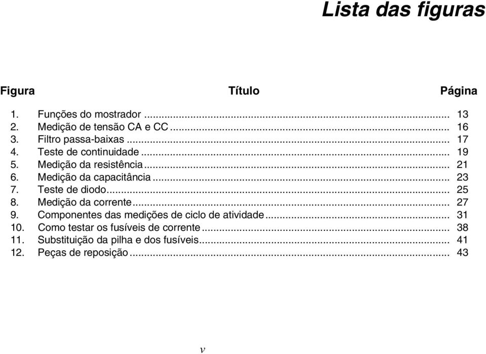 .. 23 7. Teste de diodo... 25 8. Medição da corrente... 27 9. Componentes das medições de ciclo de atividade... 31 10.